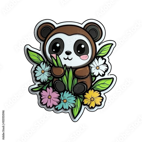 Cute Cartoon Panda Bear with Flowers photo