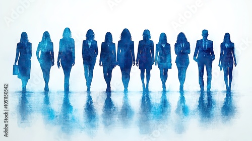 group of businesspeople standing in blue silhouette illustration, set against simple white background.stock photo photo