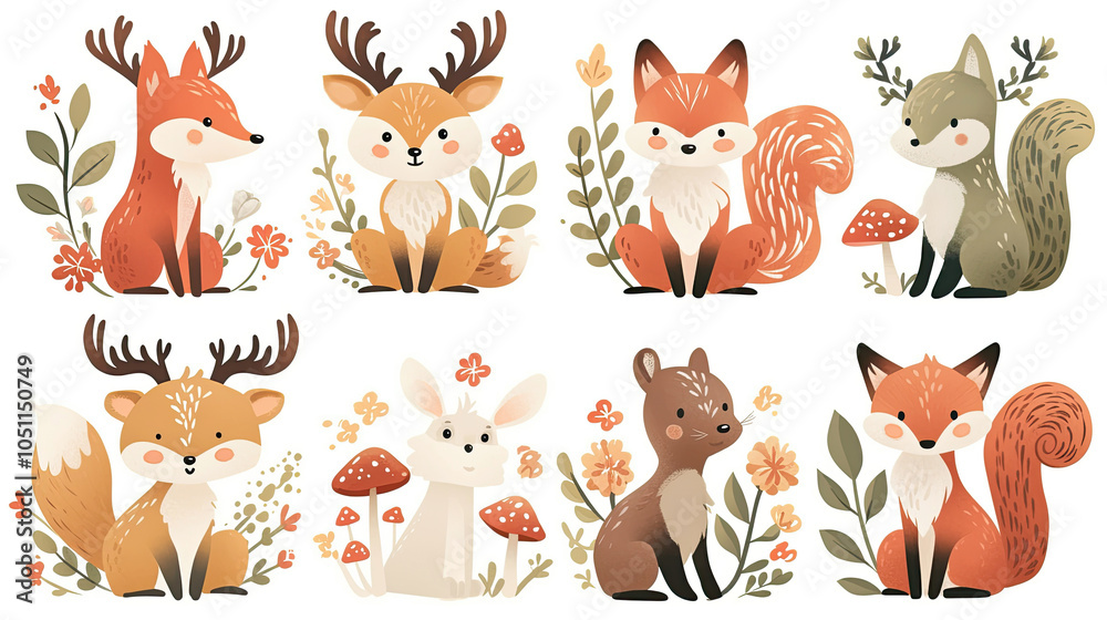 Naklejka premium Illustrations of small animals in the forest, including deer, foxes, and rabbits