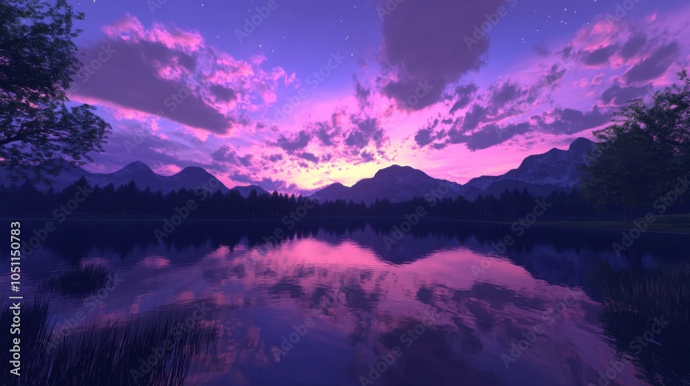Fototapeta premium A twilight sky over a tranquil lake, reflections of pink and purple clouds at nightfall.