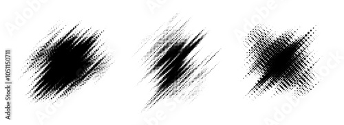 Glitch halftone element set. Dotted texture diagonal form collection. Grunge jagged comic pop art shapes for banner, poster, collage, overlay, label, box, blot. Vector distressed line bundle