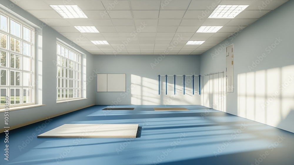 Obraz premium Clean and open PE room in school, with wall bars and mats, ready for student activities