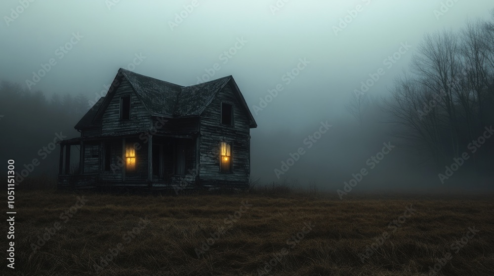 Fototapeta premium Mysterious Abandoned House in Foggy Field