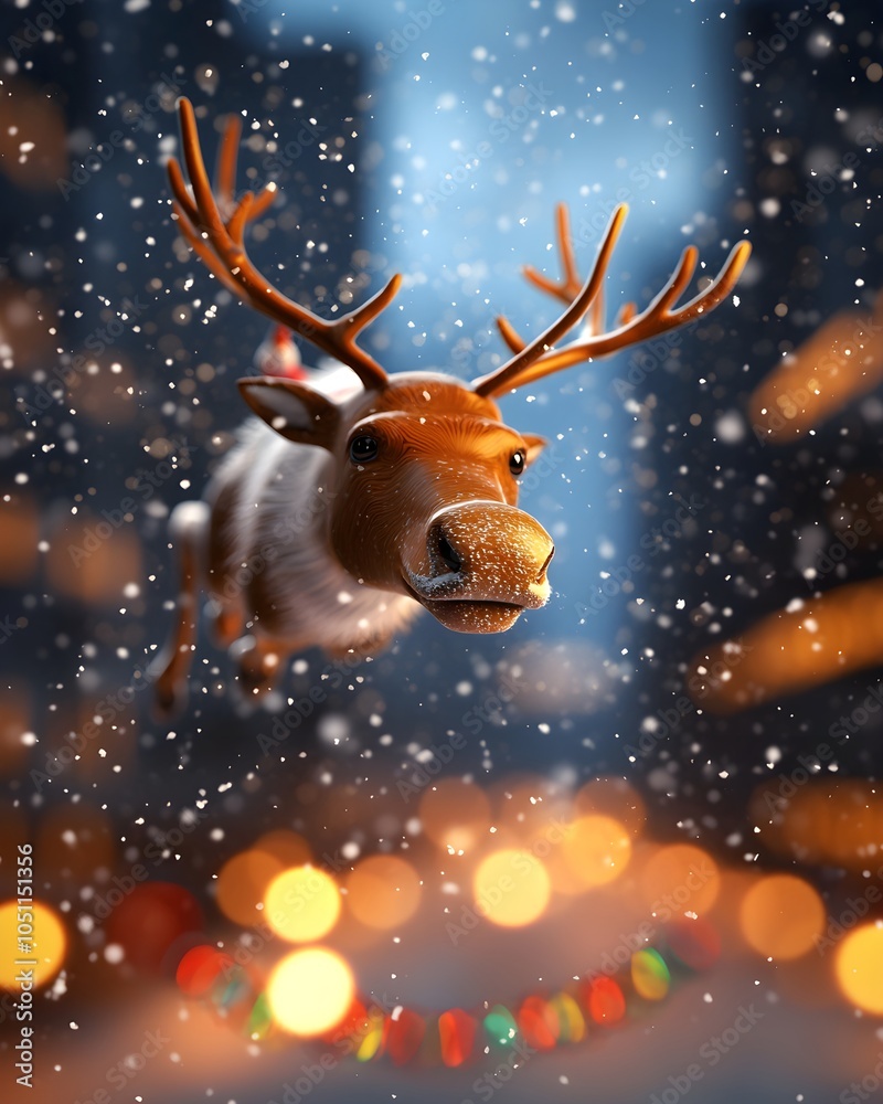 Flying reindeer amidst a snowy cityscape