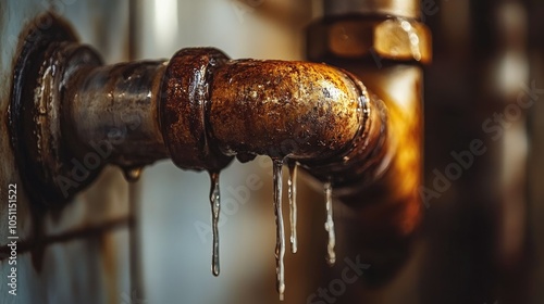 Close-up of water dripping from a metal pipe joint in a dimly lit apartment, showing rust stains.