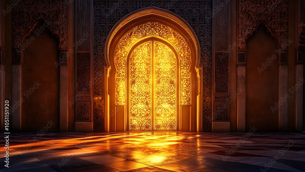 Obraz premium A glowing golden door in the center of an Arabic-style mosque, with light streaming through it. The scene is illuminated by a soft glow that creates a sense of mystery and magic