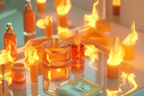 A table with many bottles of perfume and candles with flames on them photo