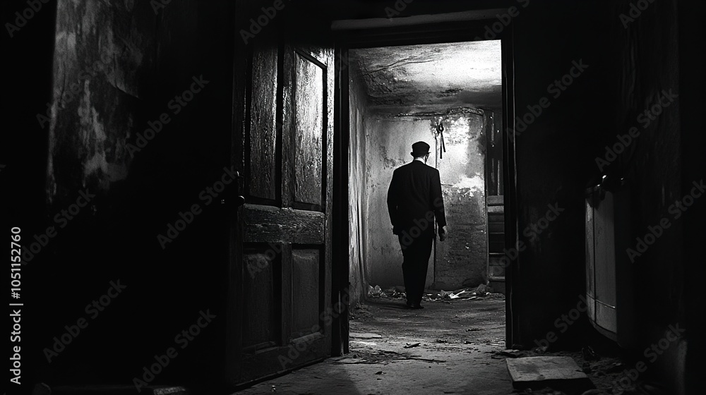 Man Walking Through a Dark Doorway: A Monochromatic Exploration of Solitude Man Walking Through a Dark Doorway: A Monochromatic Exploration of Solitude