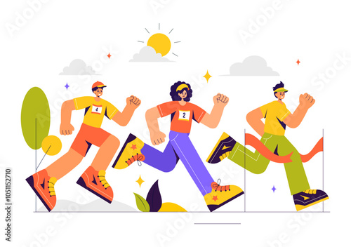 Marathon Race Vector Illustration featuring People Running and Jogging in a Sport Tournament, Racing Toward the Finish Line in a Flat Style Background