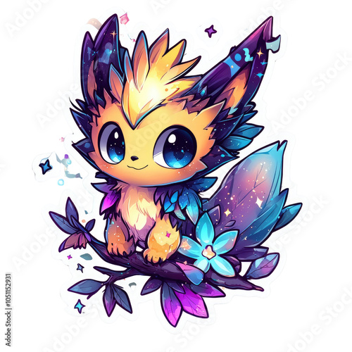 Adorable Cartoon Fox with Galaxy Fur Sitting on a Branch photo