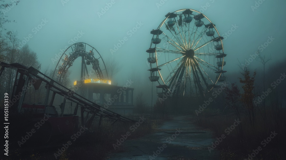 Abandoned Amusement Park in Fog