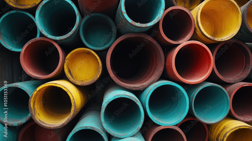 Piled HDPE PE100 pipes at plant, ideal for water and gas transportation, with copy space Piled HDPE PE100 pipes at plant, ideal for water and gas transportation, with copy space