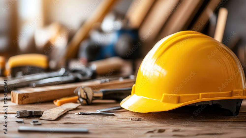 close up view of yellow hard hat resting on wooden surface surrounded by various construction tools, symbolizing safety and readiness in construction environment close up view of yellow hard hat resting on wooden surface surrounded by various construction tools, symbolizing safety and readiness in construction environment
