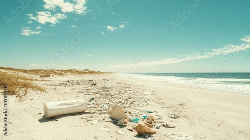 Trash littered across a beautiful sandy beach with clear skies, portraying the environmental consequences of littering