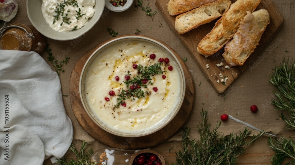 Rustic Cheese Fondue with Breadsticks in Natural Lighting Rustic Cheese Fondue with Breadsticks in Natural Lighting