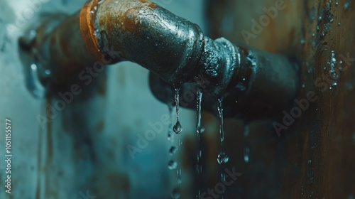 Water slowly drips from a leaky pipe joint in a residential bathroom, with a focus on the droplets falling from the corroded joint.
