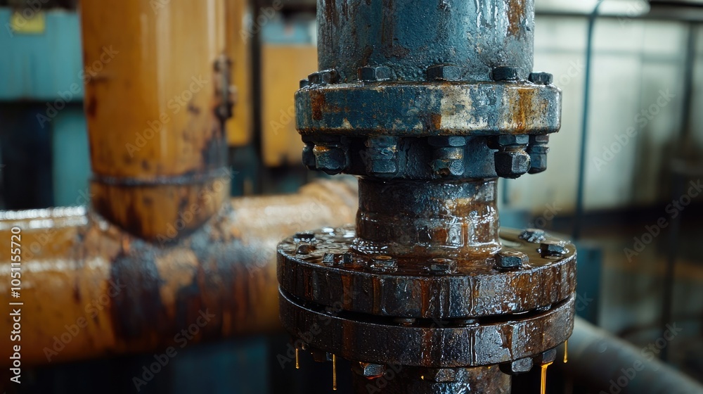 Worn-out oil pipe joint leaking in an industrial setting, close-up view with oil stains. Worn-out oil pipe joint leaking in an industrial setting, close-up view with oil stains.