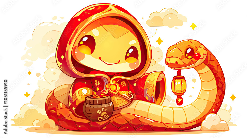 Golden snake baby wearing a red hat, Chinese New Year Golden snake baby wearing a red hat, Chinese New Year
