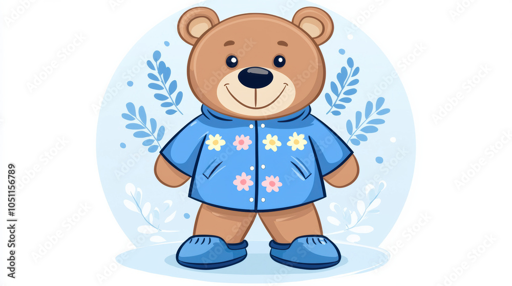 Cute bear character wearing blue floral jacket and shoes, surrounded by leaves. This charming illustration captures joyful and playful spirit, perfect for childrens themes Cute bear character wearing blue floral jacket and shoes, surrounded by leaves. This charming illustration captures joyful and playful spirit, perfect for childrens themes