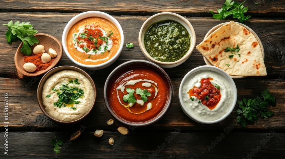 Authentic Eastern Sauces and Dips on Wooden Table Authentic Eastern Sauces and Dips on Wooden Table