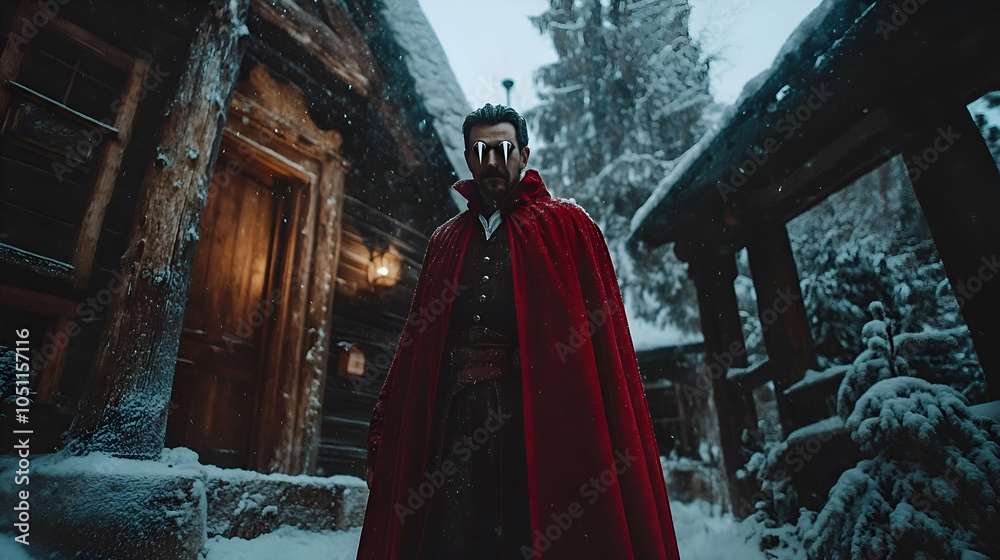 Naklejka premium A man in a red cape stands in front of a wooden cabin in a snowy forest.