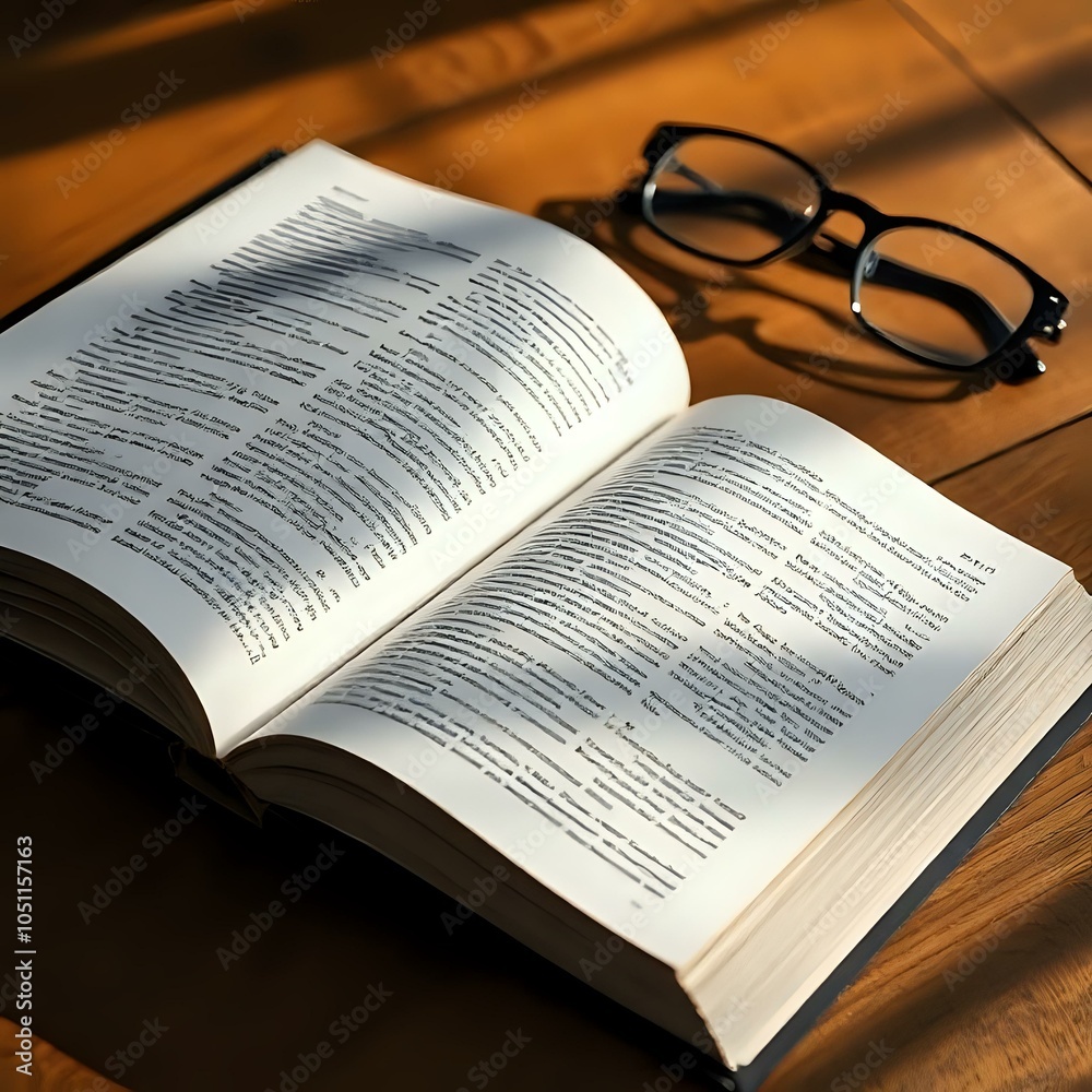 Fototapeta premium Open Book with Glasses on Wooden Table