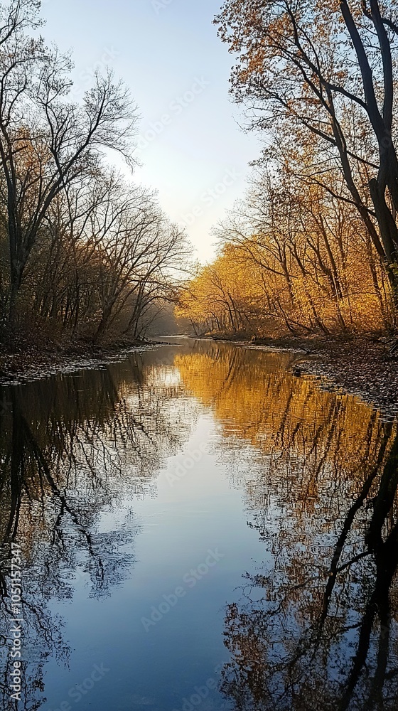 Obraz premium Tranquil River Reflection in Autumn Forest