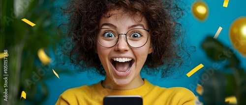 Young woman cheering and smiling while looking at her smartphone celebrating a positive outcome or offer with enthusiasm and joy