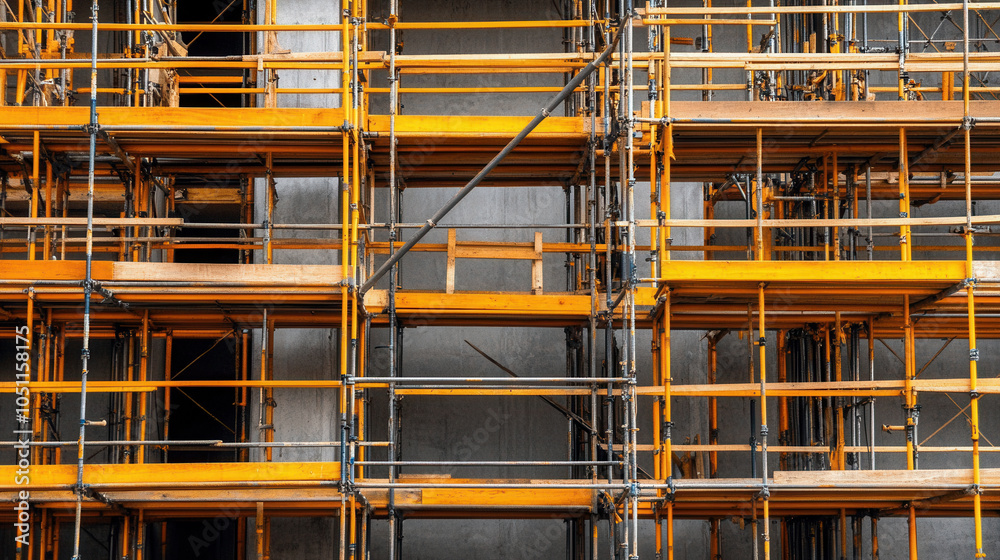 Detailed view of construction site featuring complex arrangement of scaffolding. vibrant orange scaffolding contrasts with gray concrete, showcasing structures progress and industrial atmosphere Detailed view of construction site featuring complex arrangement of scaffolding. vibrant orange scaffolding contrasts with gray concrete, showcasing structures progress and industrial atmosphere