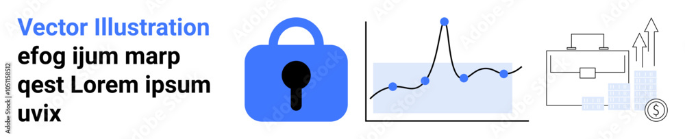Blue lock icon, analytics graph with measures, and business growth with icons of briefcase and arrows. Ideal for data security, analytics, business development, financial planning, marketing. Banner Blue lock icon, analytics graph with measures, and business growth with icons of briefcase and arrows. Ideal for data security, analytics, business development, financial planning, marketing. Banner
