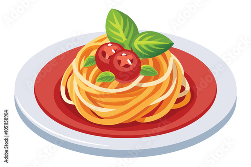 Spaghetti with Tomato Sauce, Parmesan, and Basil Icon Classic Pasta Plate, Isolated Vector Design.