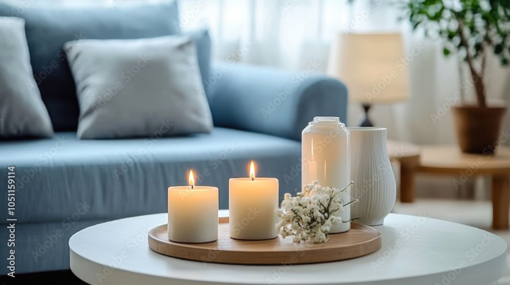 Close up candles on white coffee table and blue sofa. Scandinavian and modern living room Close up candles on white coffee table and blue sofa. Scandinavian and modern living room