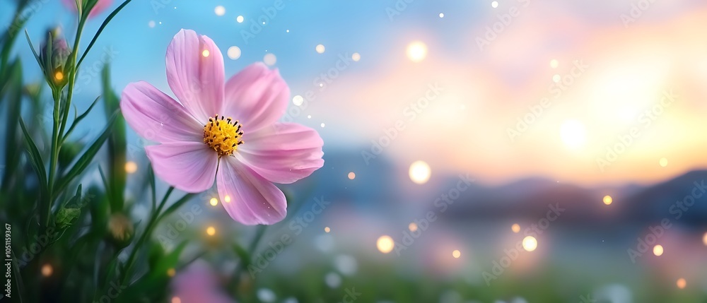 Glowing cosmos flowers blanketing a serene pastoral landscape basking in the soft ethereal hues of the evening sky as the first stars begin to emerge above the tranquil field Glowing cosmos flowers blanketing a serene pastoral landscape basking in the soft ethereal hues of the evening sky as the first stars begin to emerge above the tranquil field