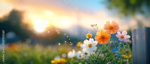 Cosmos flowers glowing and radiant under the soft colors of the evening sky with stars beginning to appear above the serene field  A tranquil and beautiful nightfall landscape photo