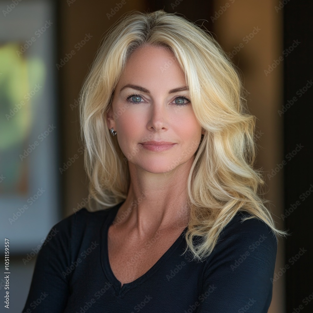 Close-up portrait of a beautiful woman with long blonde hair. She is wearing a black top.