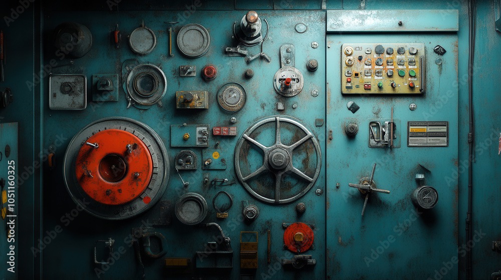 Macro shot of ships engine room featuring various mechanical controls, gauges, and levers, showcasing intricate details and industrial design Macro shot of ships engine room featuring various mechanical controls, gauges, and levers, showcasing intricate details and industrial design