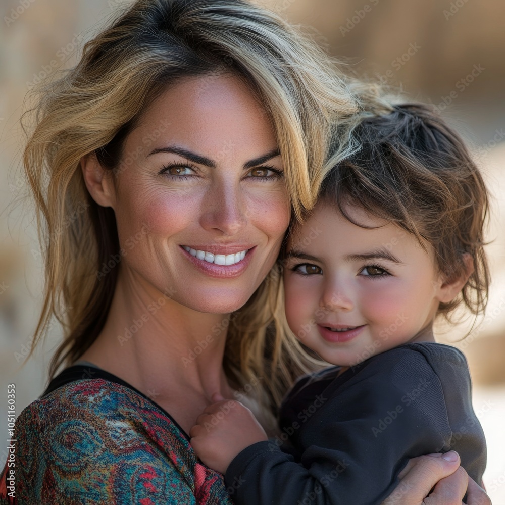 A mother and her young son are smiling at the camera. They are standing outside, and the background is blurred. A mother and her young son are smiling at the camera. They are standing outside, and the background is blurred.