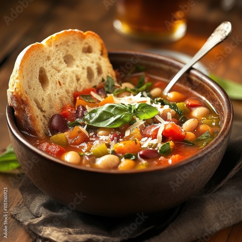 A bowl of hearty minestrone soup with fresh vegetables and beans, served with a slice of garlic bread, Soup bowl centered with a spoon