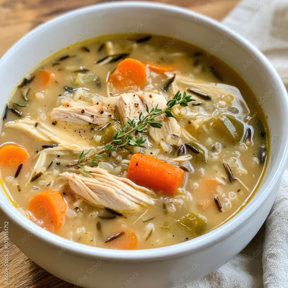 A classic and comforting bowl of chicken and wild rice soup with vegetables, served in a white ceramic bowl, Soup centered with a few sprigs of thyme A classic and comforting bowl of chicken and wild rice soup with vegetables, served in a white ceramic bowl, Soup centered with a few sprigs of thyme