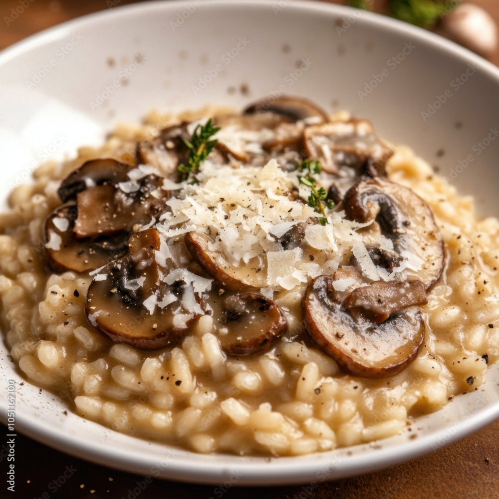 A classic and creamy mushroom risotto with a sprinkle of Parmesan cheese, served in a white bowl, Risotto centered with a few fresh mushrooms A classic and creamy mushroom risotto with a sprinkle of Parmesan cheese, served in a white bowl, Risotto centered with a few fresh mushrooms