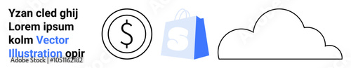 Three symbols including a dollar sign a blue and white shopping bag and a cloud shape. Ideal for online shopping e-commerce cloud technology financial services digital marketing and business landing