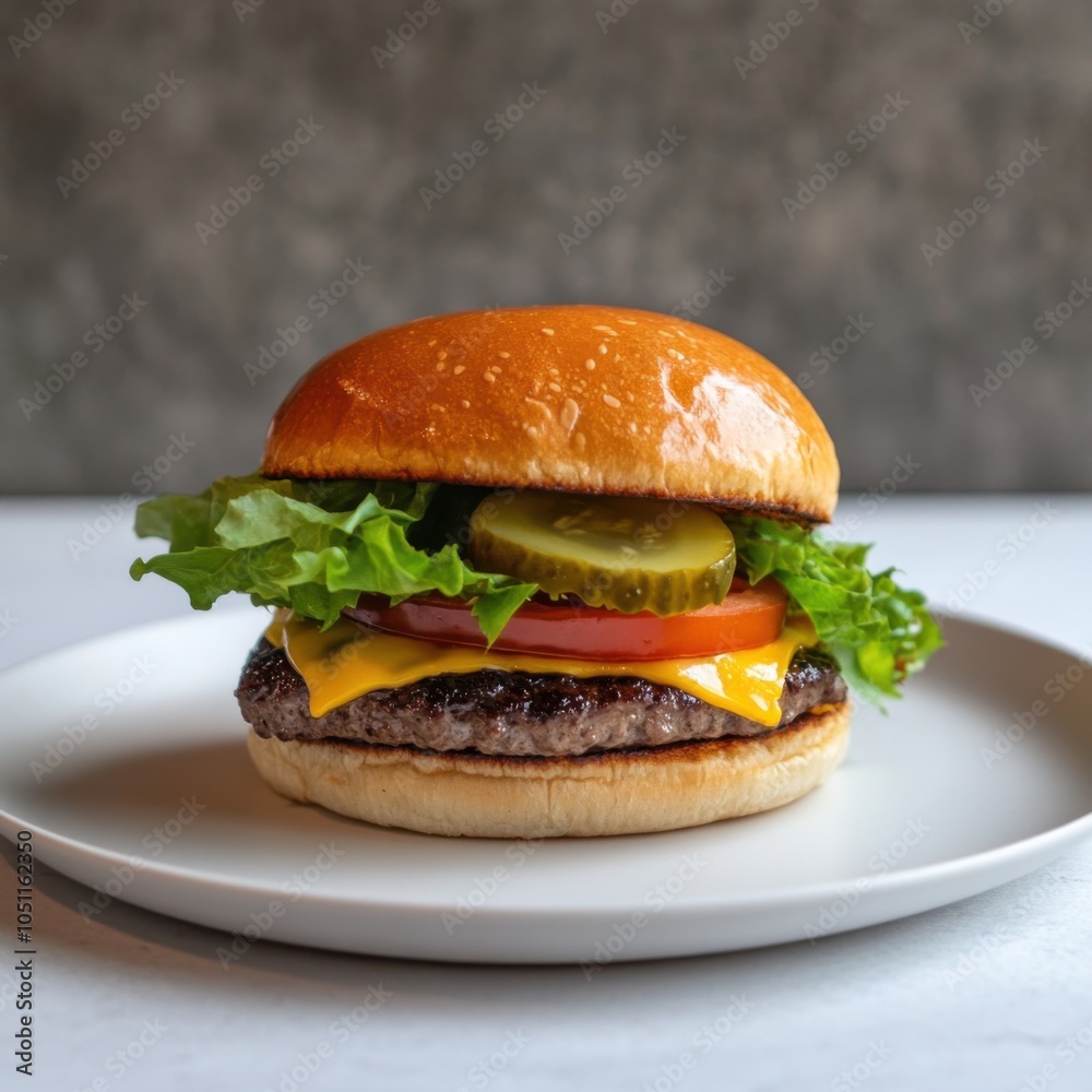 A classic and flavorful beef burger with melted cheese, lettuce, tomato A classic and flavorful beef burger with melted cheese, lettuce, tomato