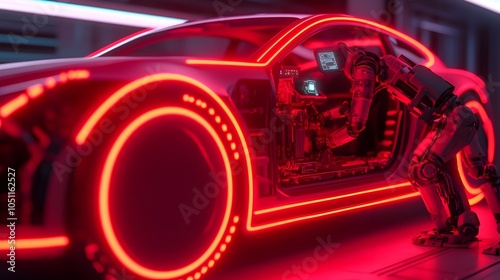 Robotic repair drone working on the undercarriage of a flying car utilizing advanced holographic diagnostics and bright neon underglow for a cinematic futuristic scene photo