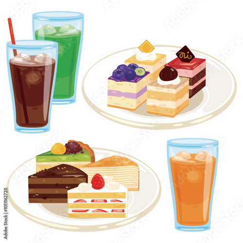 皿に盛られた色々なケーキとソフトドリンクセット