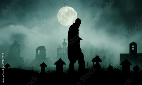 Silhouette of Frankenstein's Monster Walking at Night in Moonlight
