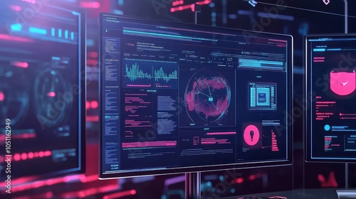 Visualization of live network traffic and security alerts through abstract data dashboards.