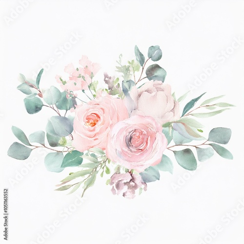 watercolor floral illustration pink flowers eucalyptus greenery bouquet dusty roses soft light blush peony border wreath frame wedding stationary greetings fashion background