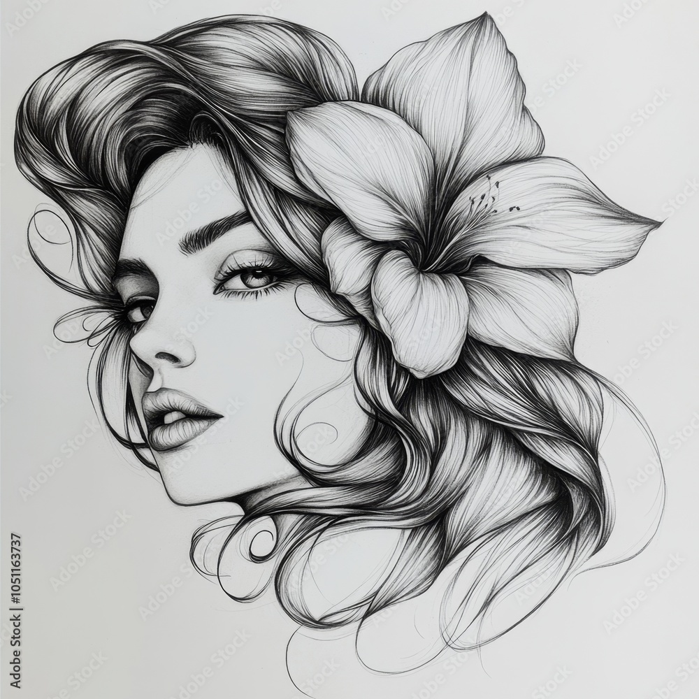 A black and white illustration of a woman's face with a flower in her hair.