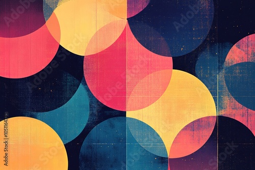 Abstract geometric pattern with overlapping circles in vibrant colors on a textured background.