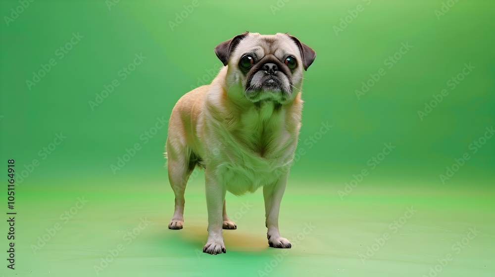 Obraz premium Fashionable Pug Posing on Vibrant Green Background with Brilliant Lighting